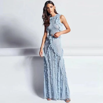 

Spring / Summer 2020 New Women'S Pleated Ruffled Sexy Lace Hollow Slim Slim Thin Stitching Long Dress High Quality Party