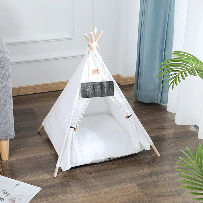 Pet Tent House Cat Bed Portable Teepee Thick Cushion Available for Dog Puppy Outdoor Indoor Portable Linen Pet Dog Tent Supplies