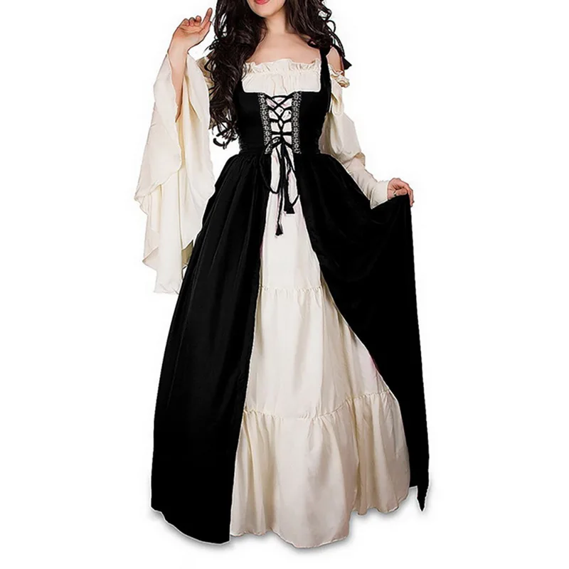 

2019 Autumn Winter Vintage Dresses Retro Medieval Princess Tunic Dresses For Party Stage Costume Women High Waist Gothic Dress