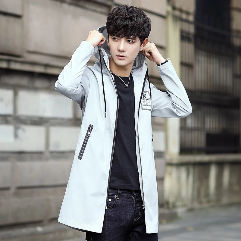 

Spring And Autumn New Style Men Hooded Printed Middle Long Coat Youth Origional Hong Wave Jacket Men's