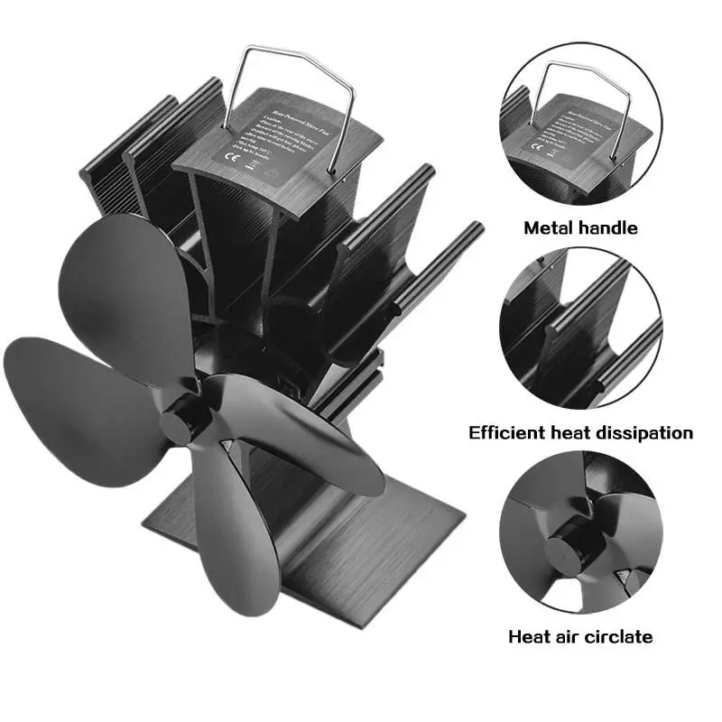 

Stove Fan Black Fireplace 4 Blade Heat Powered Stove Fan Wood Burner Home Efficient Heat Distribution Quiet Fan