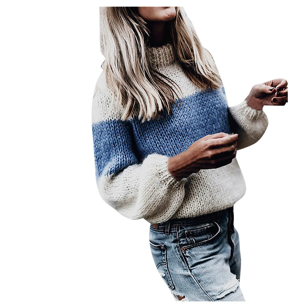 

women's sweater knitted KLV Women's sweater ladies high collar pullover sweater sweater casual stitching long-sleeved shirt 9.4