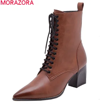 

MORAZORA 2020 New arrival fashion high heels boots genuine leather boots simple lace up pointed toe ankle boots for woman