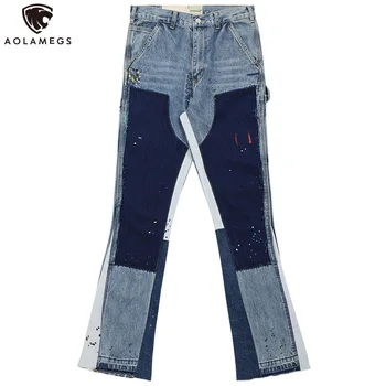 

Aolamegs Jeans Men Color Block Patchwork Ripped Flare Denim Pants Harajuku Vintage All-match Cool High Street Fashion Streetwear
