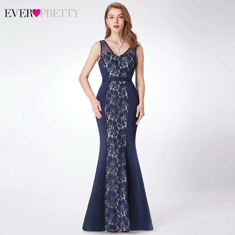 

Vintage Lace Evening Dresses Ever Pretty Double V-Neck Hollow Out Navy Blue Formal Dresses Elegant Mermaid Party Gowns 2019