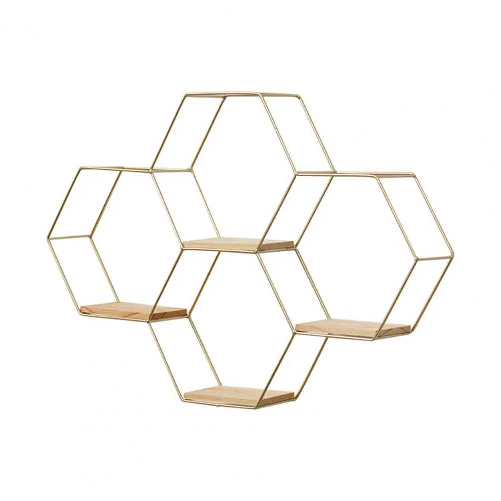 3 Sizes  Home Holder Iron Shelf Storage Holder Wall-mounted Multifunctional Nordic Style Geometric Firm Hexagonal Shelf for Home