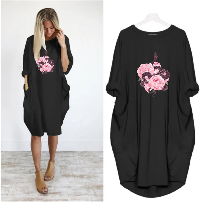 

New Python Flower Print Loose Dresses Plus Size 5Xl Long Sleeve o Neck Party Club Midi Dress Streetwear Vestido De Mujer Robes
