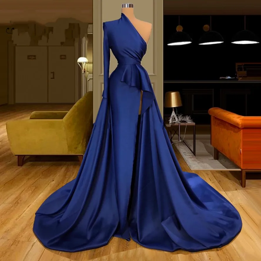 

Elegant Royal Blue Satin Evening Dresses 2021 Vestidos Kaftans Long Sleeve Arabic Dubai Split Long Formal Prom Gown Party Dress