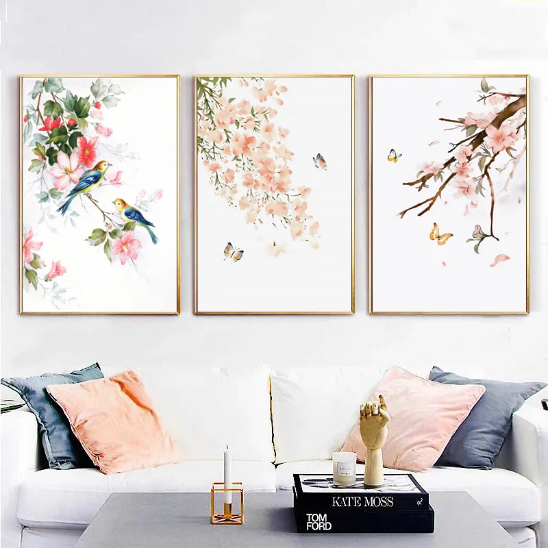 Popular Colors Bids Flowers Poster Pictures Oil Canvas Printings for Living Room 40x50 Wall Art Decor 3pics | Дом и сад
