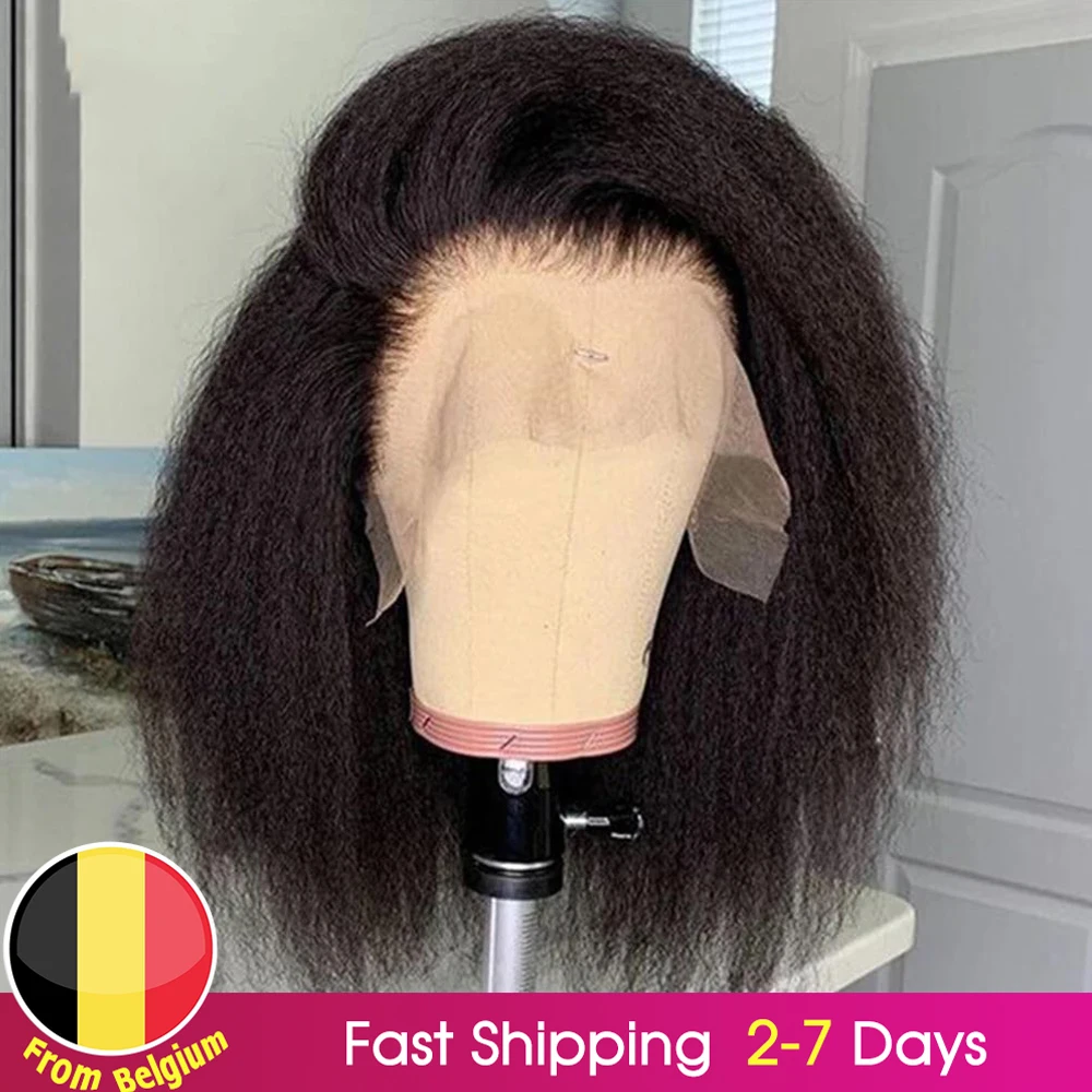 Pelucas de cabello humano rizado Bob liso 150 de densidad gruesa Yaki corto brasileño Bob Peluca de encaje pelucas de cabello humano Yaki Lace Wig