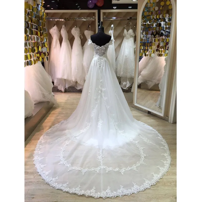 Detachable-Skirt-2-Pieces-Wedding-Dresses-Mermaid-Off-Shoulder-Short-Sleeve-Beaded-Appliqu  es-Lace-Bridal-Gowns