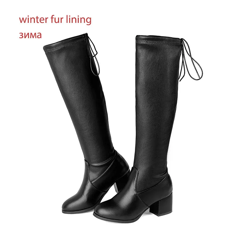 black fur JK/Сапоги до колена; женские сапоги на высоком каблуке; плотный чехол; женская обувь из искусственной кожи; женская обувь с круглым носком; обувь на шнуровке; зимняя обувь; большие размеры 45 - Цвет: black fur