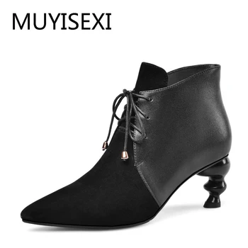 

Autumn Boots For Women Pointed Toe Unique High Heels Shoes Genuine Leather Ladies Ankle Boots Botte Femme MX07 MUYISEXI