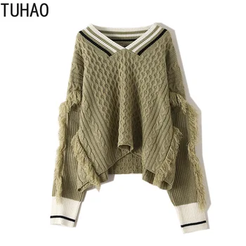 

TUHAO Fall Winter Oversize Sweaters Tssel Long Sleeve College Wind Geometric Loose V-neck Asymetrical Pullover Tops T1093
