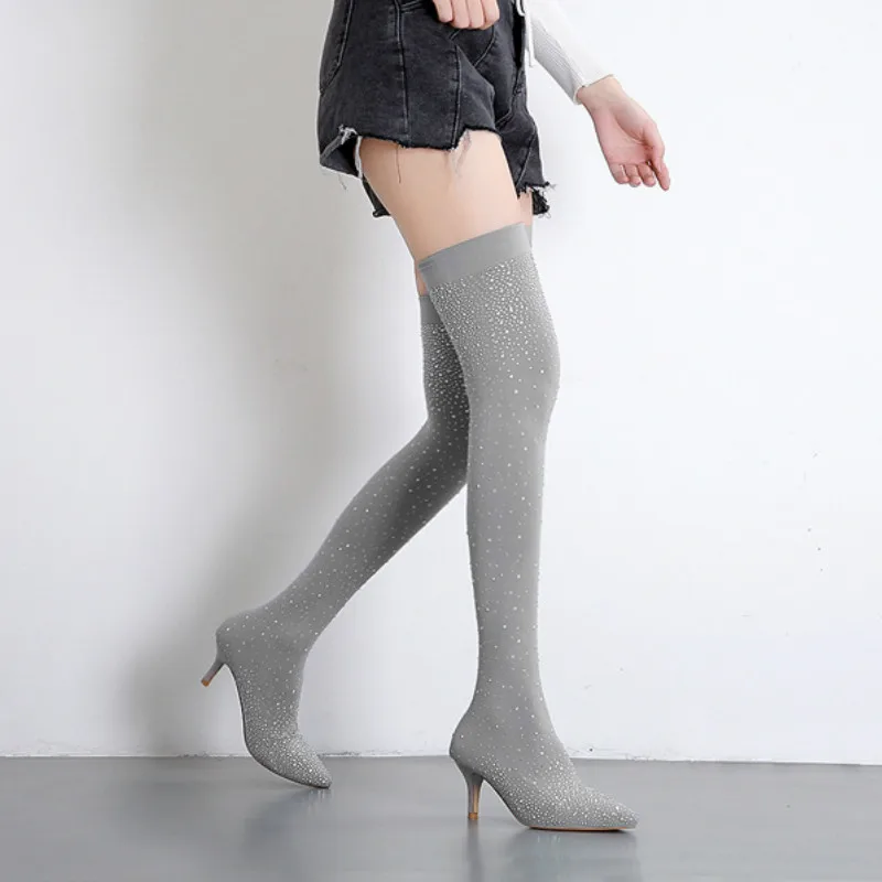 

Stretch Fabric Sock Boots Women 2019 New Pointed Toe Over-the-Knee Heel Thigh High Sexy Ladies Long Boot Large Size Shoes