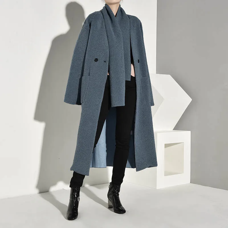 [EAM] свободное двубортное шерстяное пальто большого размера с карманами, парки, новинка, длинный рукав, женская мода, Осень-зима, 1A8620