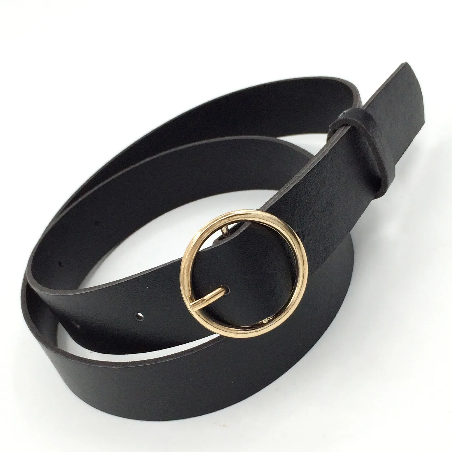 Round Black Женский модный серебряный квадратный поясной ремень с металлической пряжкой, повседневный ремень из искусственной кожи, аксессуары для женщин 105 см - Цвет: Round Black