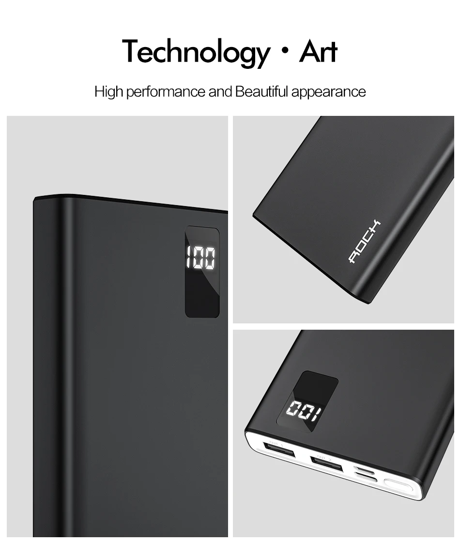 ROCK power Bank для xiaomi mi iPhone mi ni Digital Pover Bank 10000 мАч тонкий внешний аккумулятор Внешняя батарея повербанк Быстрая зарядка