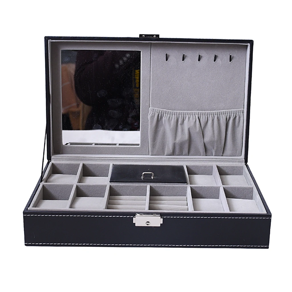 

PU Leather Watch Box Necklace Earring Jewelry Storage Show Case with Mirror 33.2x20x8.5cm