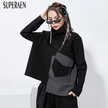 

SuperAen Europe Hoody Wild Women Sweatshirts 2020 Spring New Cotton Turtleneck Ladies Sweatshirts Irregular Casual Tops Female