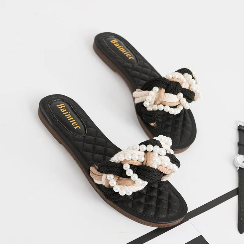 

Pearl Hemp Rope Slipper Breathable Flat A- line Sandals Mixed Colors Gladiator Sandals Spring And Summer New Style WOMEN'S Shoes
