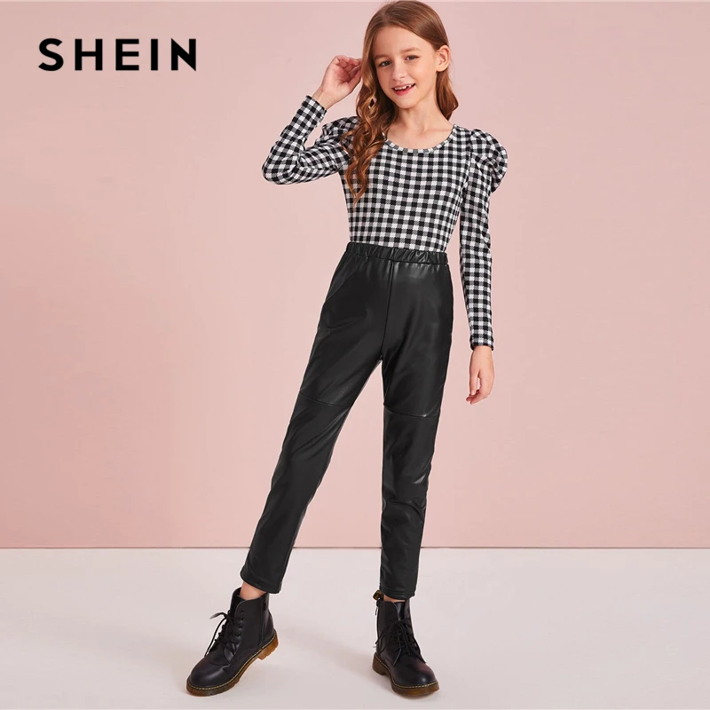 SHEIN Kiddie/черные однотонные повседневные кожаные штаны с эластичной резинкой на талии; детские штаны; осень г.; уличная одежда с высокой талией; укороченные брюки из искусственной кожи