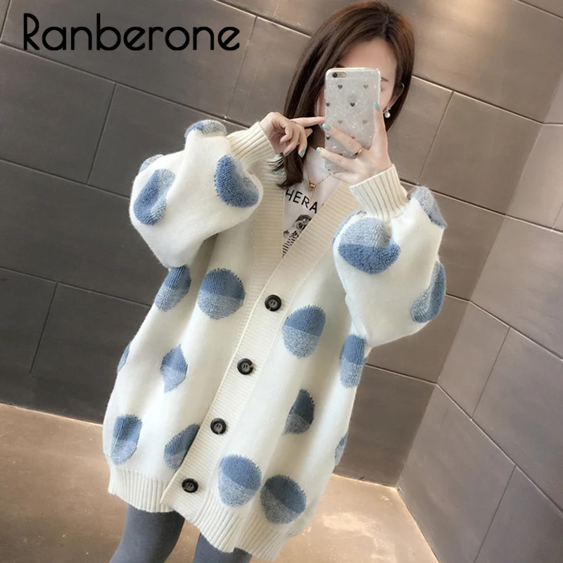 Ranberone Long Cardigan Sweater Women Knitted Jackets Oversized Sweaters Ponchoes Button Dots Loose Female Cardigans 2019 Winter