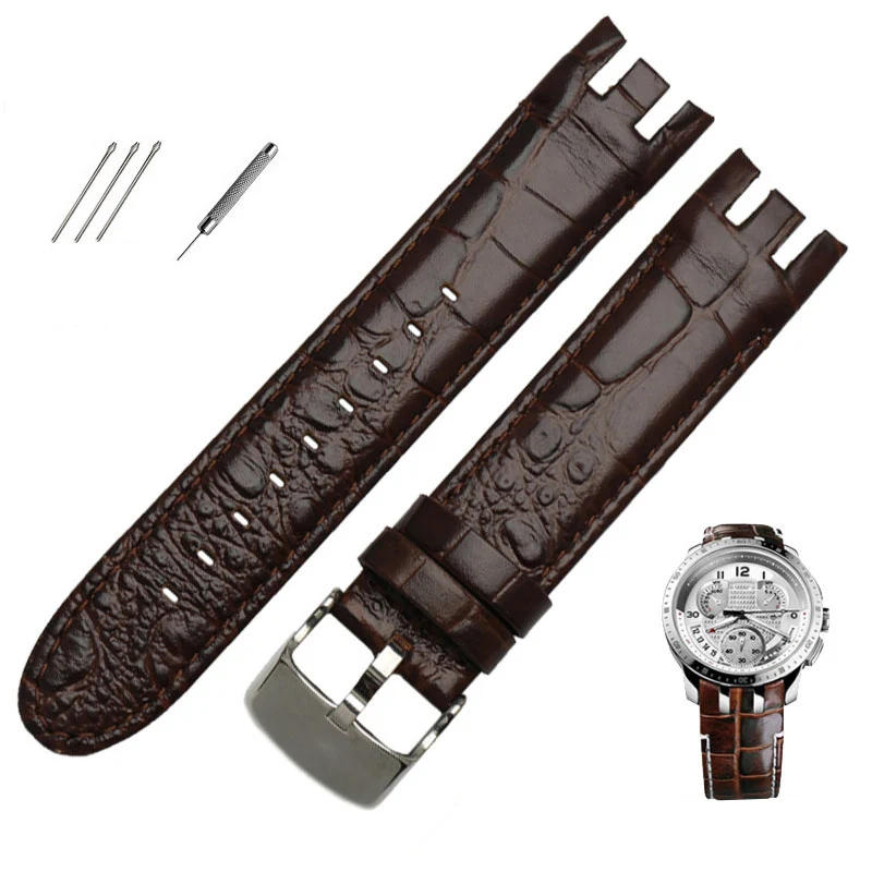 Brown Round grain Высококачественный ремешок для часов из натуральной кожи для Swatch YRS403 412 402G ремешок для часов 21 мм ремешок для часов для мужчин изогнутый конец часы браслет - Цвет ремешка: Brown Round grain