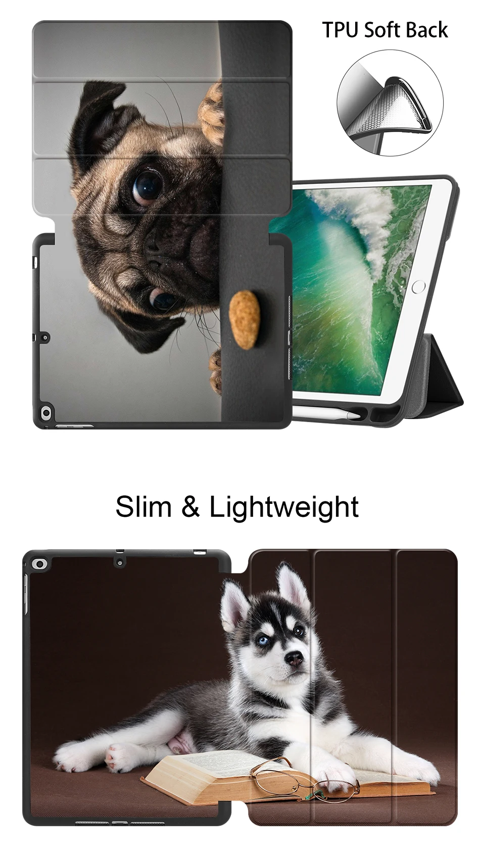Чехол MTT с милой кошкой и собакой для iPad 9,7 дюймов Air 1/Air 2, мягкий чехол из искусственной кожи с откидывающейся крышкой-подставкой и карандашом, чехол для планшета