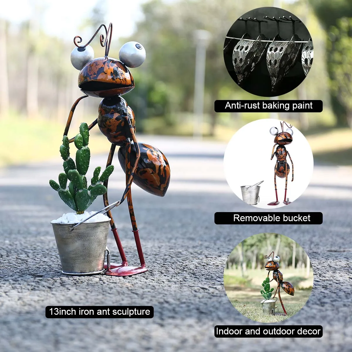 Tooarts 13inch Ant Sculpture Iron Cartoon Ant With Removable Bucket Garden or Desk Decor Succulent Flower Pot Trinket Storage