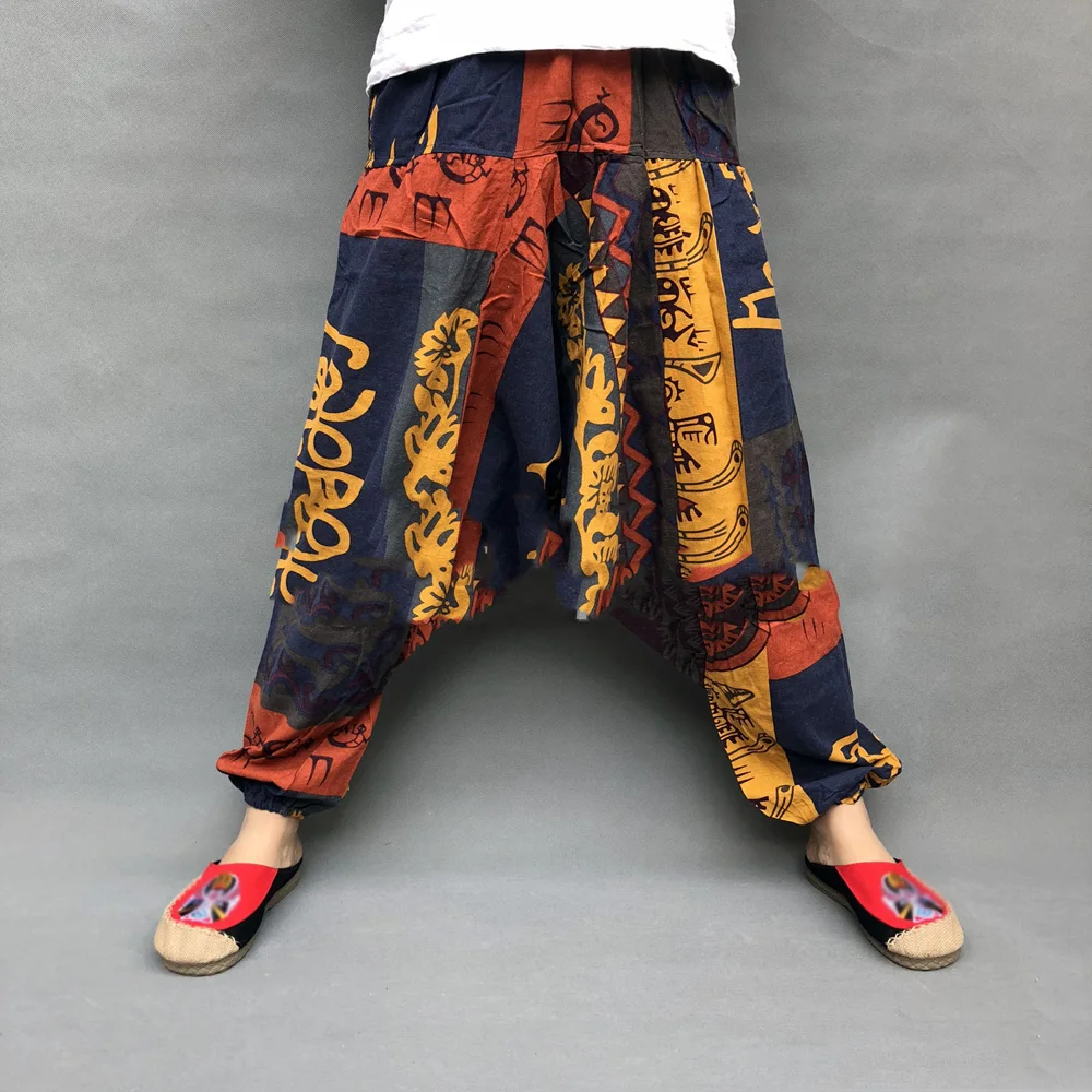 blue harem pants Men Summer Japan Fashion Retro Print Casual Harem Pants Ethnic Style Large Crotch Loose Pants Male Cotton Linen Trouser Pants mens harem joggers