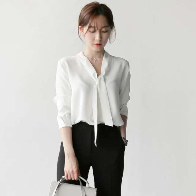  2019 Spring New Style Fashion Elegant Simple V-neck White Shirt Long Sleeve Loose-Fit Bow Chiffon B