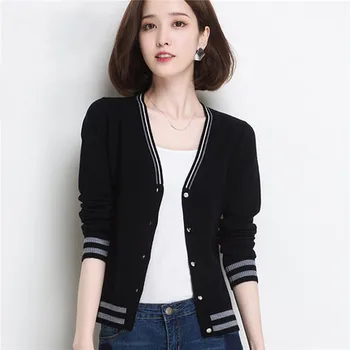 

Spring and autumn v-neck single-breasted knitted cardigan color matching Korean women long-sleeved slim coat five-color 4 yards