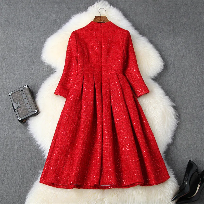 Высококачественное платье для подиума, осенне-зимняя женская одежда, новинка, элегантное твидовое шерстяное платье со стоячим воротником и блестками, красные вечерние платья