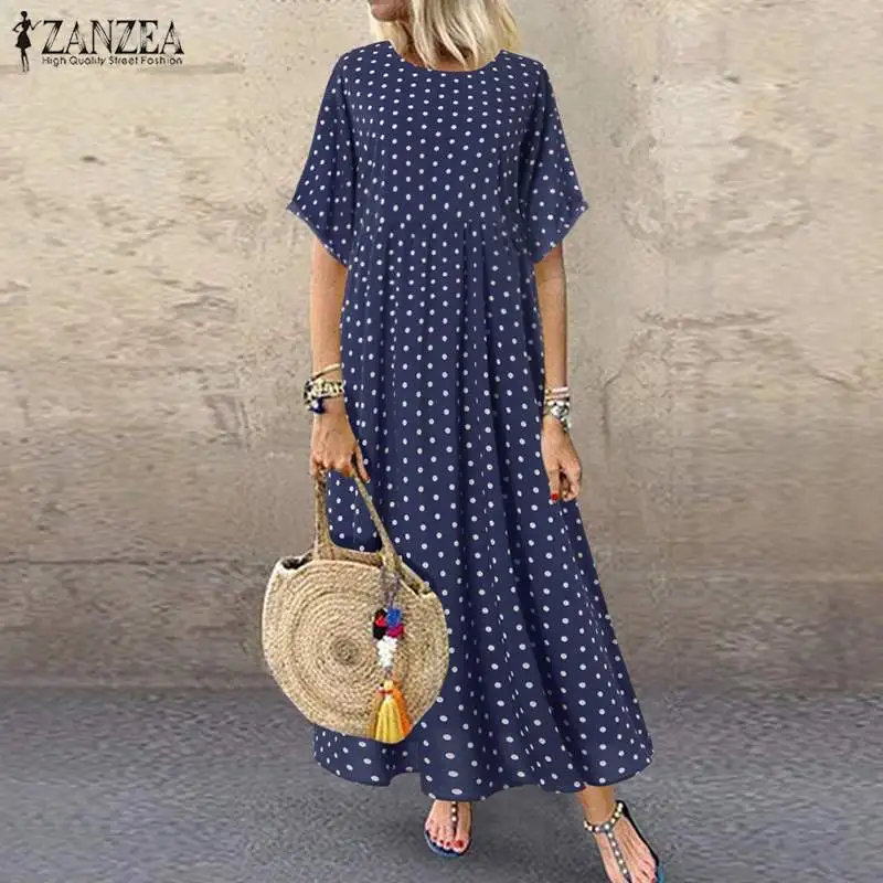 

ZANZEA Women Vintage Polka Dot Sundress Summer Short Sleeve Long Dress Plus Size Bohemian Beach Vestido Femme Robe Printed Dress