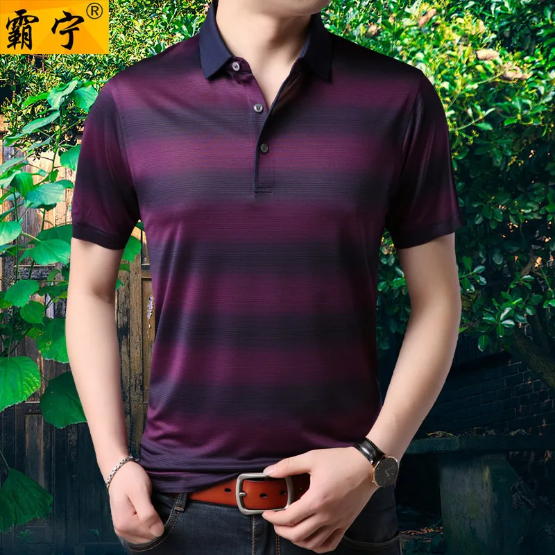 

2019 Summer Young And Middle-aged MEN'S Short-sleeved T-shirt Business Fold-down Collar Stripes Loose-Fit T-shirt