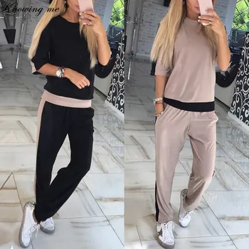 

Knowine me Women Autumn Tracksuit Sets Elegant 2019 Casual O Neck half Sleeve Sporting Suit Two Piece Sets patchwork Sportswear