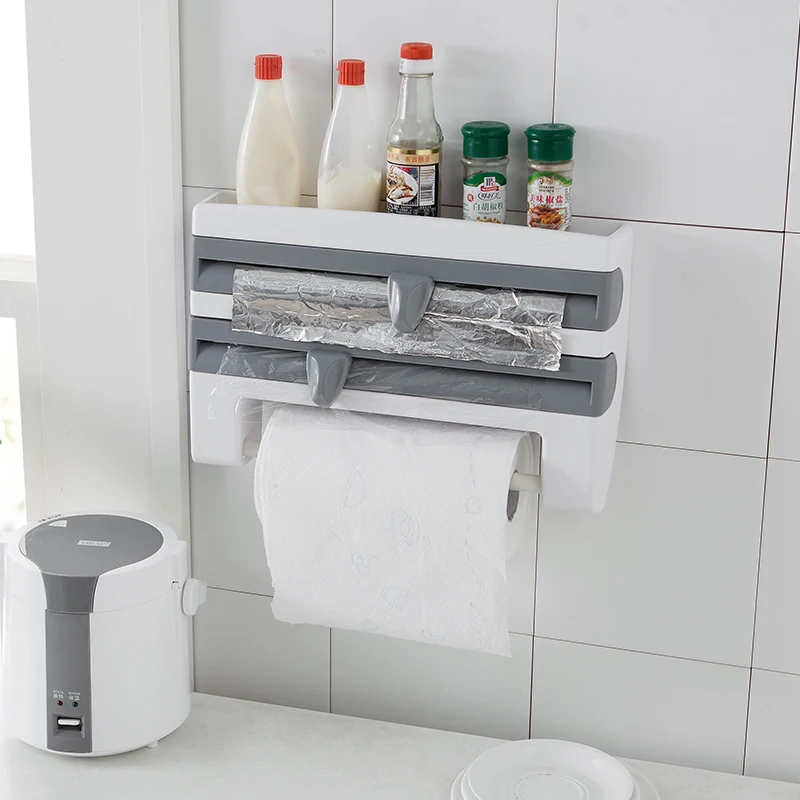 

Kitchen Organizer Cling Film Sauce Bottle Storage Rack Tin Foil Paper Towel Holder Kitchen Shelf Plastic Wrap Cutting Tools