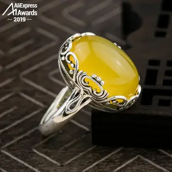 

13*18mm 6.18 Sale S925 Sterling Silver Ukraine Amber Rings Exaggerated Rings health rich lithuania Retro Chalcedony