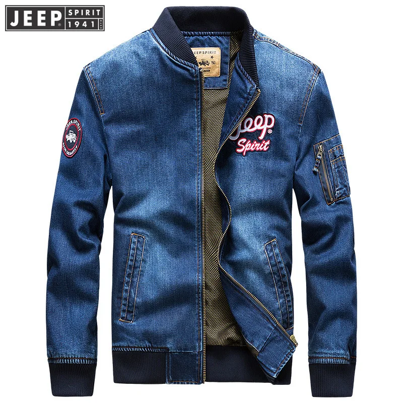 

JEEP SPIRIT Autumn Denim Jacket Men Fashion Stand Collar Windbreaker Jeans Coat Men M-XXXL Military Jeans Jacket Men