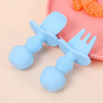 

2PCS Baby Utensils Feeding Training Tableware Infant Kids Children Food Supplement Silicone Short Handle Fork+Spoon Eating Set