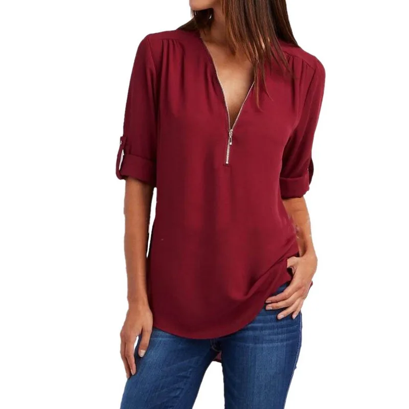 2019 Summer Women Chiffon Blouse 5XL Plus Size Chemise Femme V-neck Roll Up Sleeve Zipper Tunic Tops Summer Casual Loose Shirt