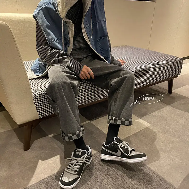 

2021 Men's Plaid Printing Straight Pants Baggy Homme Jeans Black/blue Color Casual Pants Biker Denim Loose Trousers Size S-2XL