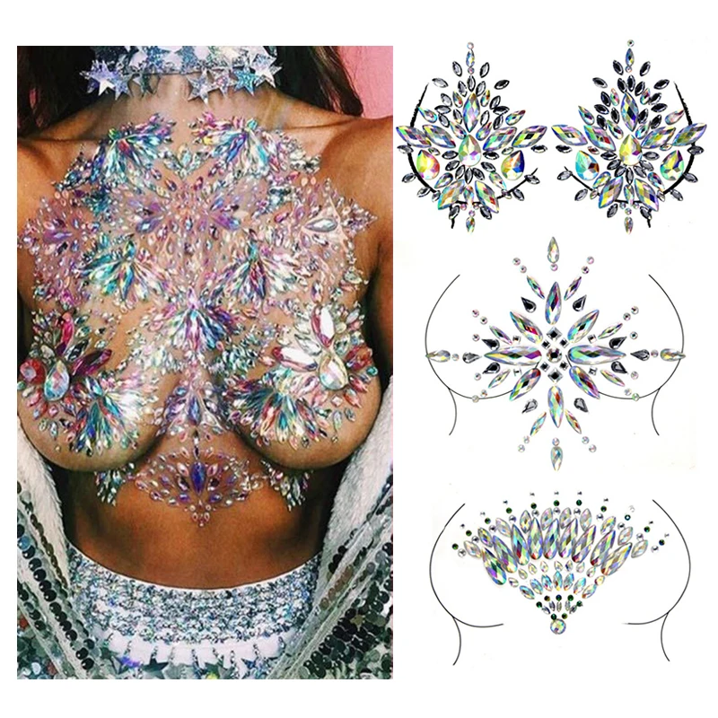 

Sexy Chest Petal Jewels Temporary Tattoo 3D Crystal Acrylic Breast Decoration Crystal Diamond Tattoo Drill Chest Gem Body Paint