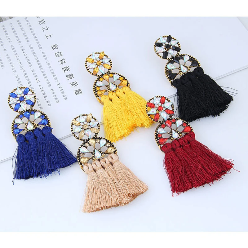 

TEH European American Fashion New Gorgeous Long Tassel Dangle Earrings For Women Jewelry Ethnic Geometric Color Crystal Earrings