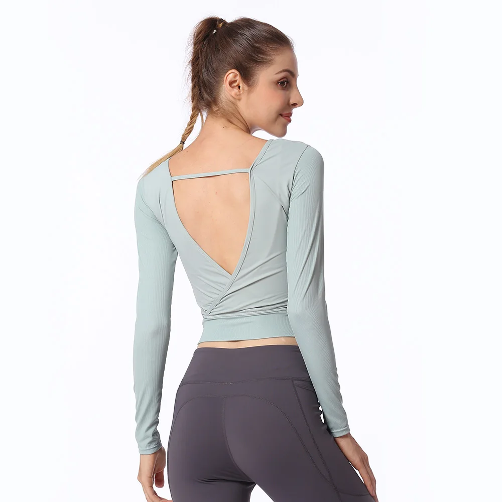 Женская рубашка для йоги с длинным рукавом, укороченный топ для спортзала, дышащие топы для тренировок, одежда для фитнеса, спортивные рубашки с открытой спиной, Женская S-L