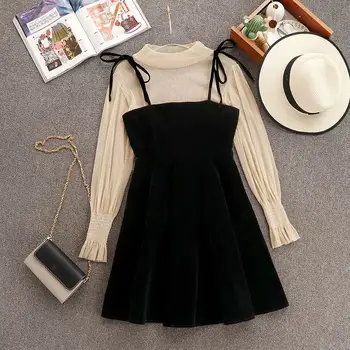 

Women Blouses Short Dress Two Pieces Sets Mesh Latern Long Sleeve Tops Spaghetti Strap Black Mini Dresses Spring Autumn Suits