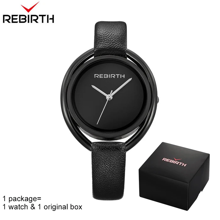 black Женские наручные часы REBIRTH, кварцевые часы с кожаным ремешком, роскошные часы-браслет из розового золота, женские часы montre femme RE028 - Цвет: black