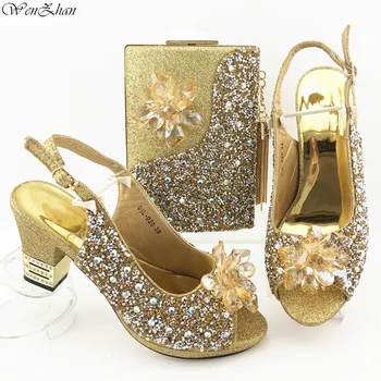 

2020Latest Golden Color Matching Shoes and Bag Set 8cm Summer Design African Lady Shoes With Matching Bag Set 38-43! b05-11