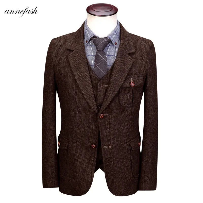 

men woolen Multi Pocket American work suit brown herringbone tweed jacket spring and autumn trend men suit 3pcs